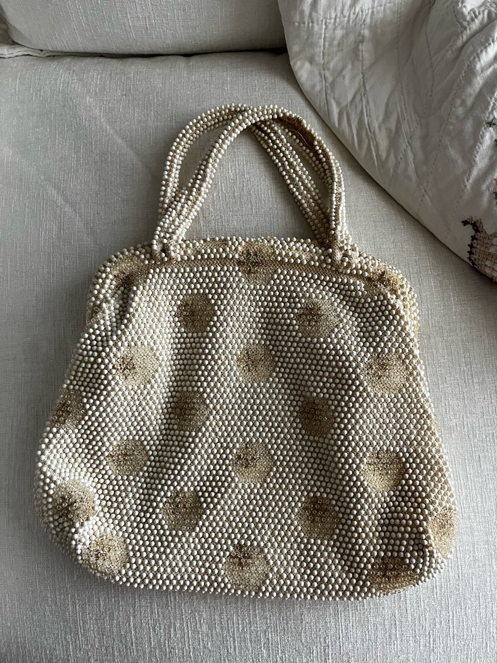 1950s/1960s Cream Beaded Polka Dot Top-Handle Bag.